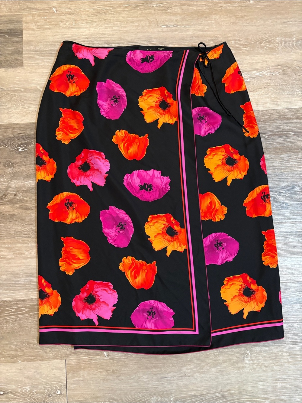 Vintage Dana Buchman 100% Silk Black Maxi Wrap Skirt w/ Pink/Purple, & Orange